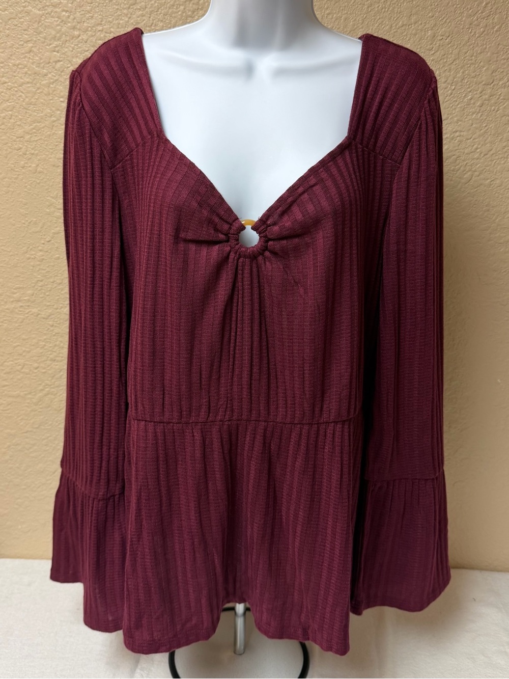 4/$20 Maurices Ribbed Peplum Tunic in Burgundy with Ring Detail